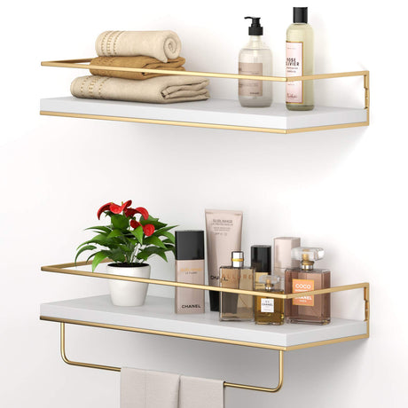 Shario White Floating Shelves - Set of 2, Wall Mounted Hanging Shelves with Golden Towel Rack, Decorative Storage Shelves for Bathroom, Kitchen, Living Room & Bedroom (White) Shario