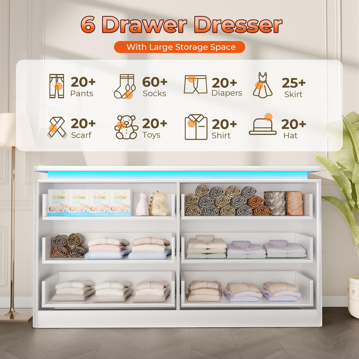 Gyfimoie 6 Drawer White Dresser for Bedroom, 47.2" Long Chest of Drawers with Charging Station & LED Lights, Double Wooden Storage Cabinet Dresser for Closet,Modern TV Stand with Deep Drawers Gyfimoie