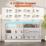 Gyfimoie 6 Drawer White Dresser for Bedroom, 47.2" Long Chest of Drawers with Charging Station & LED Lights, Double Wooden Storage Cabinet Dresser for Closet,Modern TV Stand with Deep Drawers Gyfimoie