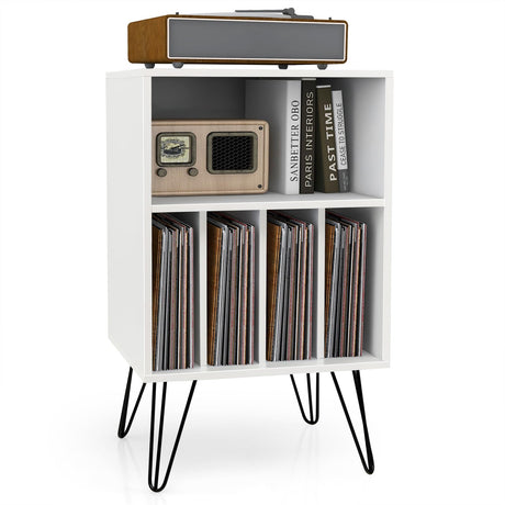 Giantex Record Player Stand, White Turntable Stand Holds up to 150 Albums, Mid-Century Vinyl Storage Cabinet Table with Metal Legs, Record Player Holder End Table for Bedroom Living Room Giantex