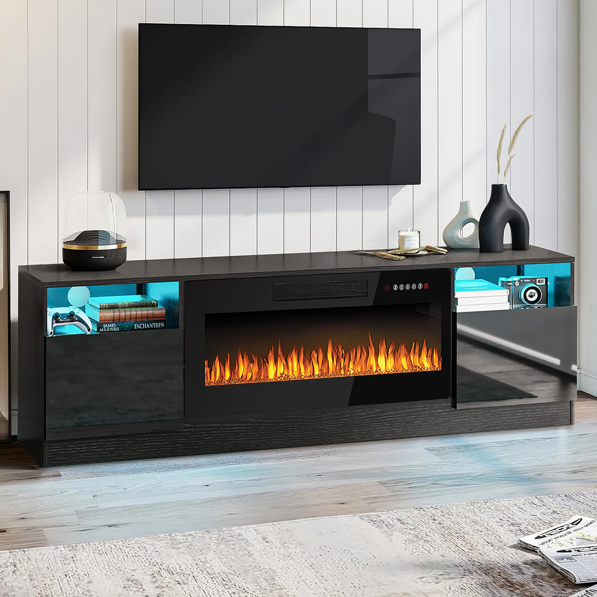 PUKAMI Fireplace TV Stand with 36" Electric Fireplace for TVs Up to 80", LED Light Entertainment Center with Highlight Storage Cabinet, 70 inch Modern Wood Media TV Console for Living Room, Black PUKAMI