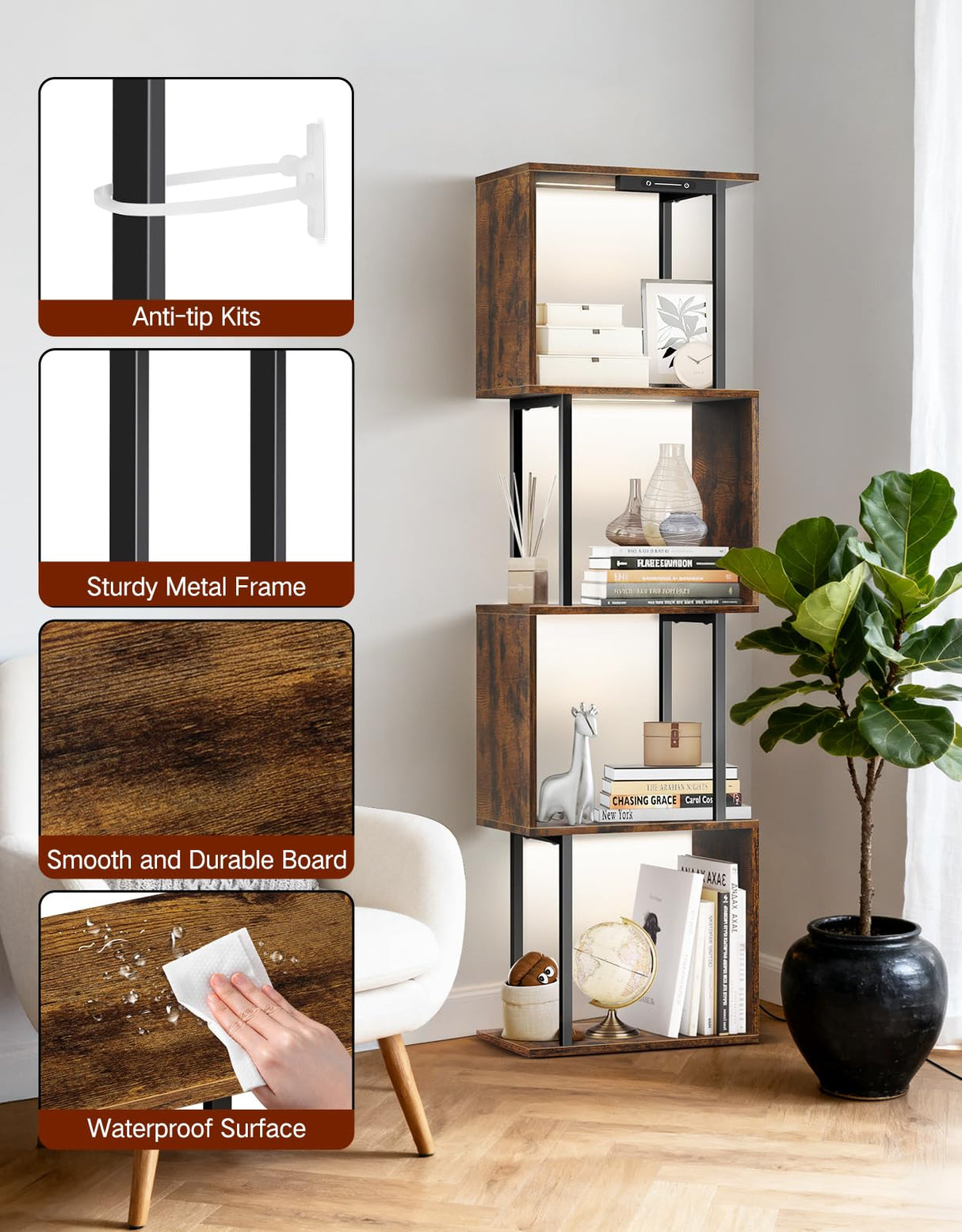 OUTONLIFE 5 Tier S-Shaped Geometric Bookshelf with LED Light, 3 Color Temperatures, Touch & Remote Control, Dimmable Standing Bookcase, Small Display Shelf for Living Room, Bedroom, Office OUTONLIFE