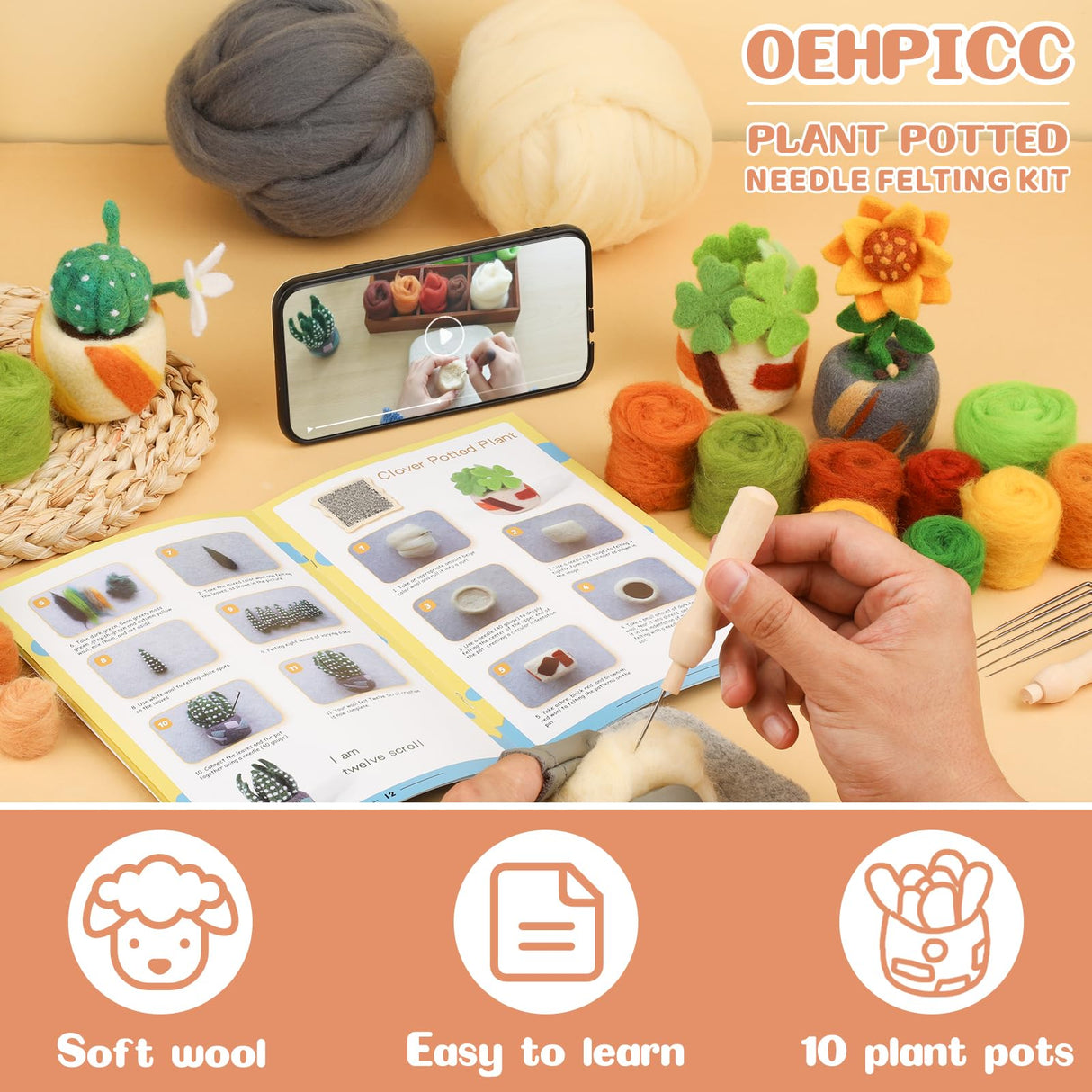 OEHPICC Needle Felting Kit - 10 Pack Plant Pot Needle Felting Starter Kit, Felting Kits with Basic Felt Tools, Clear Instructions for Beginner Adult Craft Kit, DIY Craft Plant Decor Present OEHPICC