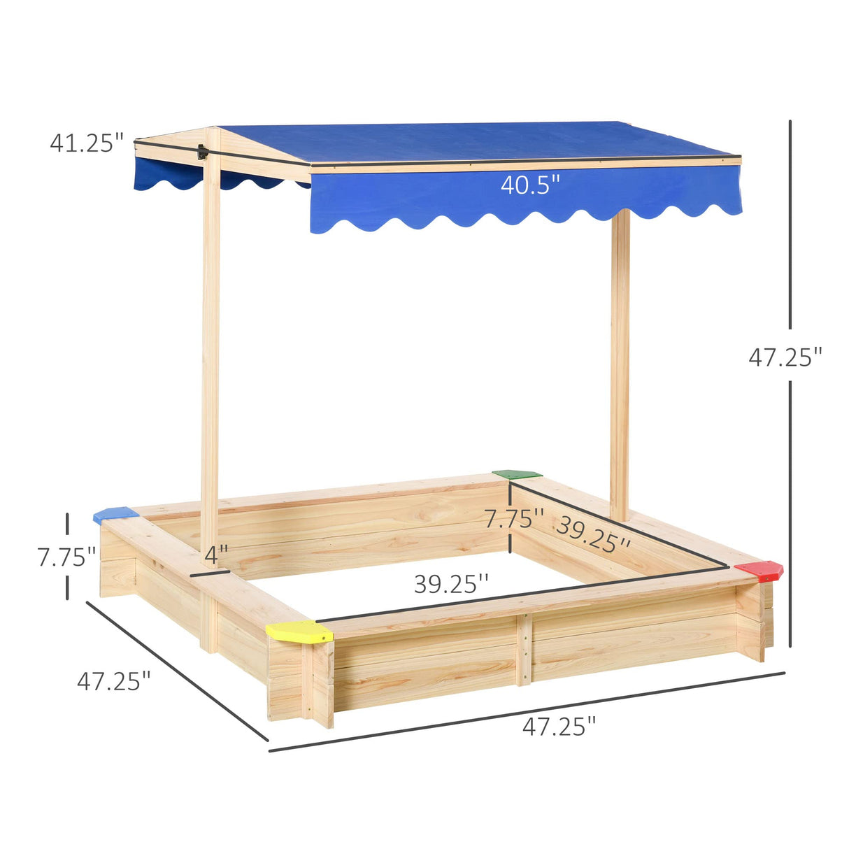Outsunny Wooden Sandbox w/Adjustable Canopy, Children Outdoor Playset Weather Resistant 47" L x 47" W x 47" H, Natural & Blue Outsunny