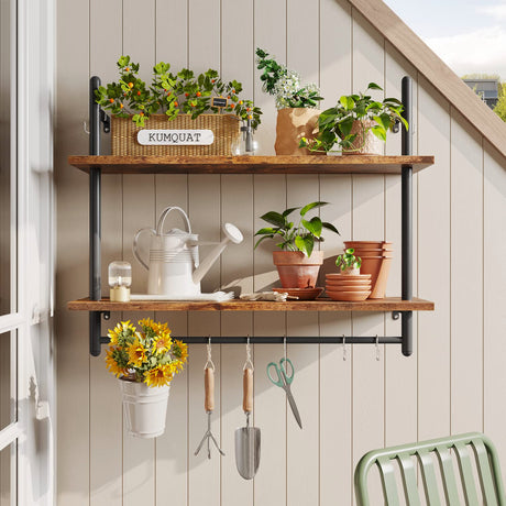Bestier Pipe Shelf Industrial Floating Shelving 31" Kitchen Wall-Mounted Shelf with Towel Bar Hooks Coffee Bar Shelves Wine Hanging Display Rack Bookshelf Living Room Decor Bathroom-Rustic Brown Bestier