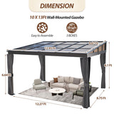 Raysfung 10' x 13' Polycarbonate Hardtop Gazebo,Wall Mounted Gazebo with Aluminum Frame Lean to Gazebo Pergola with Sloping Roof for Outdoor, Backyard, Patio Raysfung
