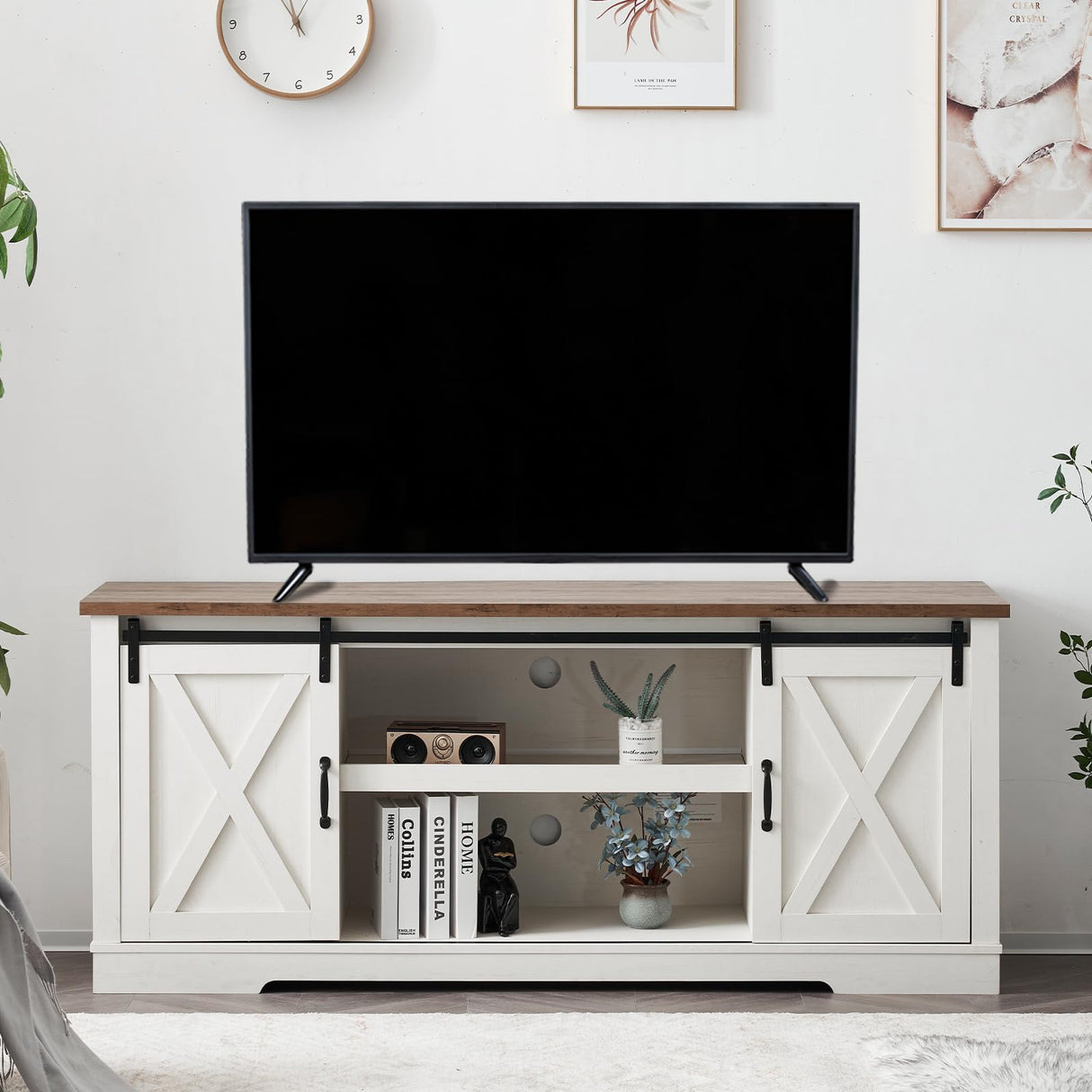 AMERLIFE 66" Farmhouse TV Stand for 75 Inches TVs, Entertainment Center with Sliding Barn Door and Adjustable Shelf & Feet, Console Table with Storage, Distressed White & Rustic AMERLIFE