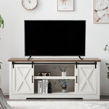 AMERLIFE 66" Farmhouse TV Stand for 75 Inches TVs, Entertainment Center with Sliding Barn Door and Adjustable Shelf & Feet, Console Table with Storage, Distressed White & Rustic AMERLIFE