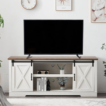 AMERLIFE 66" Farmhouse TV Stand for 75 Inches TVs, Entertainment Center with Sliding Barn Door and Adjustable Shelf & Feet, Console Table with Storage, Distressed White & Rustic - WoodArtSupply