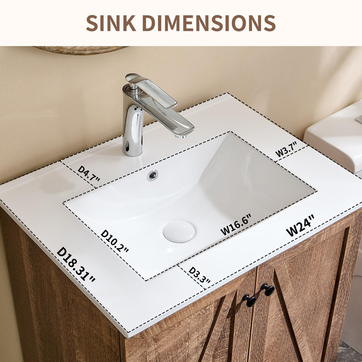 24" Farmhouse Bathroom Vanity with Sink, Bathroom Vanity Sink Cabinet with Large Storage Drawer, Modern Floor Standing Bathroom Vanity with Barn Door, Soft Closing & Metal Handle, Light Brown Aitjunz