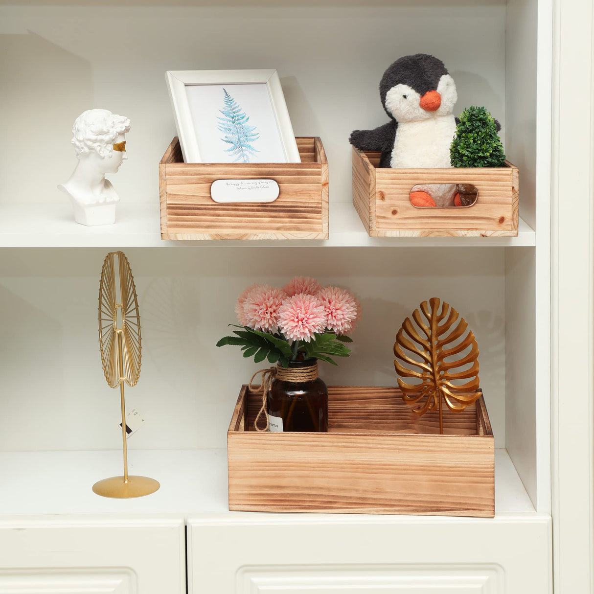 PHOENANCEE Wood Crates For Display,Rustic Crate Storage Decorative Boxes Set of 3,Wooden Nesting Box with Handles Farmhouse Container Basket Bin Home Decoration with Natural Wood Aroma,L+M+S PHOENANCEE