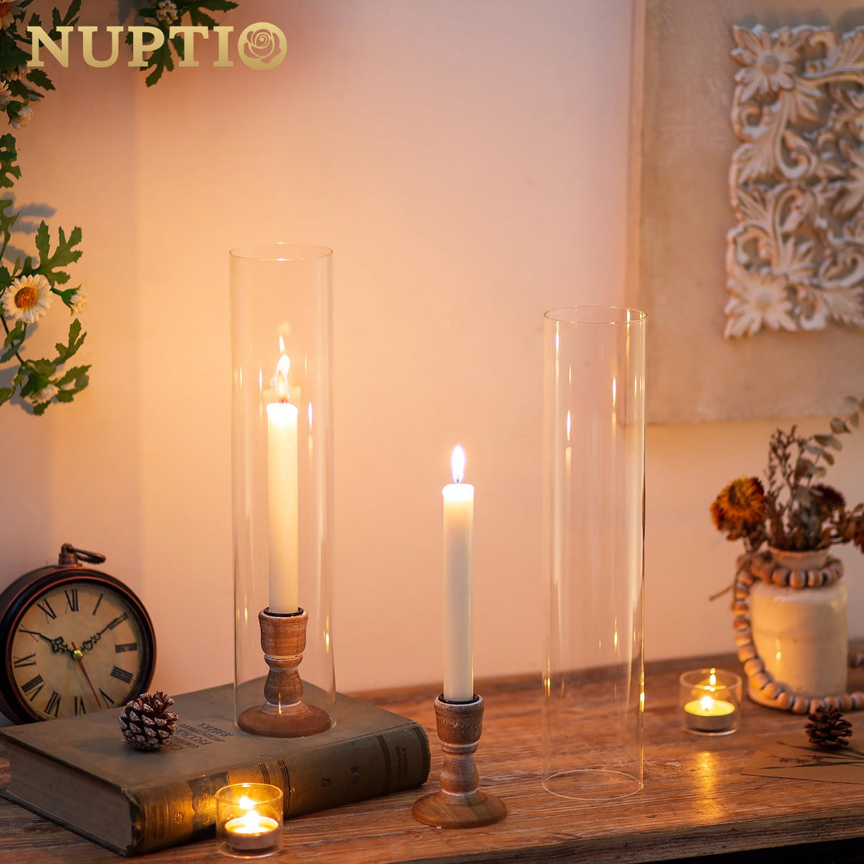 NUPTIO Wooden Candle Stick Holders: 2 Pcs Hurricane Taper Candle Holder 14 inch Rustic Wood Candlesticks Holder with Open Ended Cylinder Shape Cover for Outdoor & Indoor Wedding Party Centerpiece NUPTIO