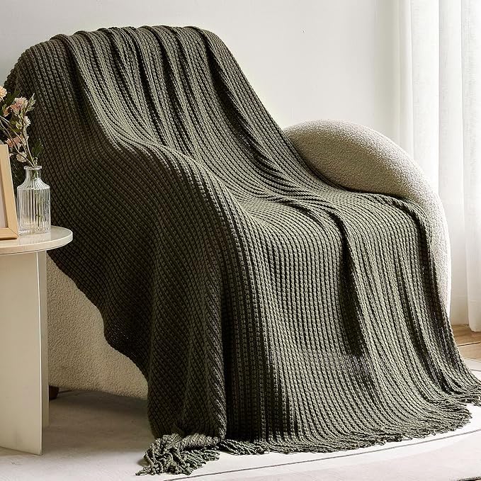 Blagic Knitted Throw Blanket for Couch Soft Farmhouse Boho Throw Blanket with Tassels Home Decorative Lightweight Throw Blankets,Dark Green Throws for Bed/Chair/Sofa, Wheat Textured, 50" W x 60" L Blagic