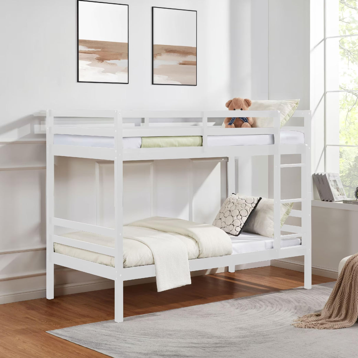 Twin Over Twin Bunk Bed with Ladder,Wooden Bunk Bed with High Guardrail and Ladder for Kids, Teens, Dorm Rooms, and Guest Rooms,No Box Spring Needed Softa