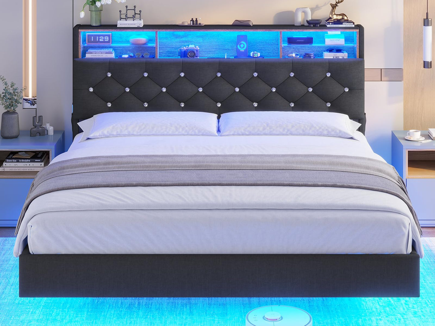 BTHFST Floating Full Bed Frame with LED Lights & Charging Station, Dark Grey Upholstered Design with Hidden Storage - WoodArtSupply