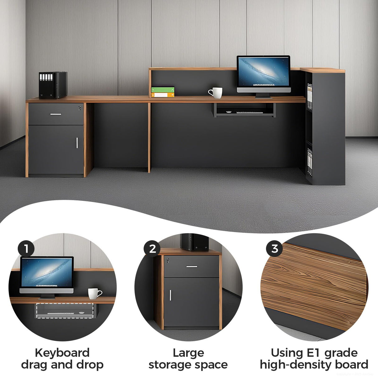 Anzhap Modern L-Shaped Reception Desk with Storage， Front Desk Reception Counter with Drawer, Storage Cabinets for Office, Lobby, Salon (European Oak+lron Gray - Left Cabinet, 102" L * 24" W * 41" H) Anzhap