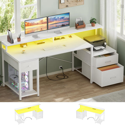 Aheaplus Computer Desk with 3 Drawers, Home Office Desk with File Drawer & Power Outlet, 59'' Gaming Desk with Led Lights, Long Work Desk with Storage Shelves, Printer Cabinet and Monitor Shelf, White