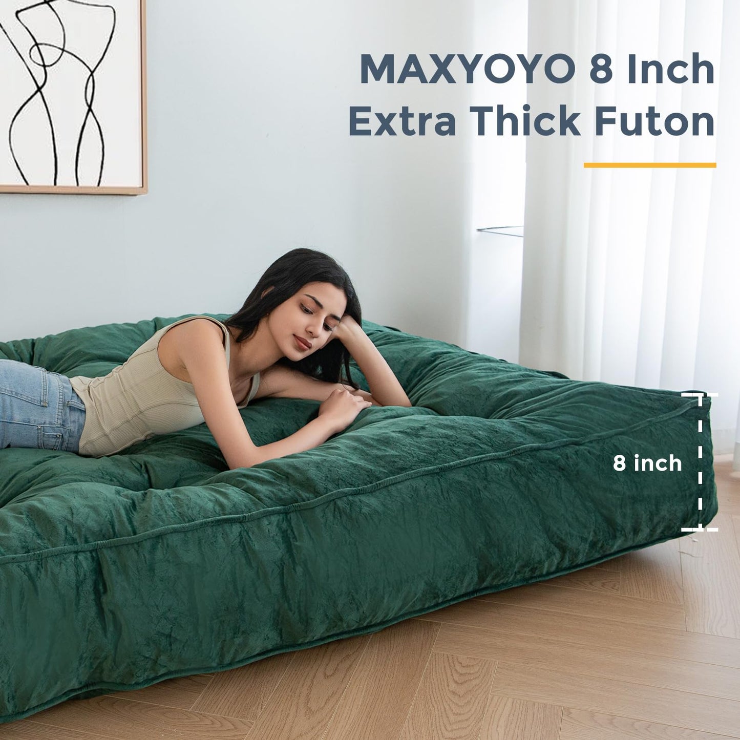 MAXYOYO 8" Futon Mattress Full Size, Extra Thick Futons Sofa Couch Bed, Velvet Floor Mattress for Adults, Shredded Foam Filling (Frame Not Included), Green