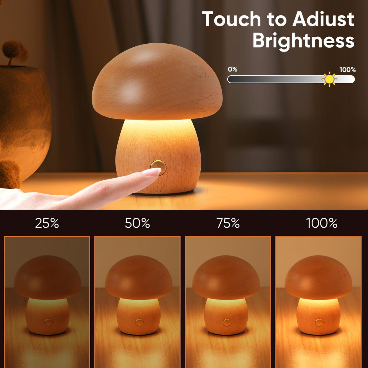 LONRISWAY Wooden Mushroom Lamp, Portable Cordless Rechargeable Battery Operated Lamp,Stepless Dimming, Night Light for Birthday Gifts LONRISWAY