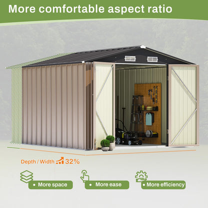 Patiowell 8x10 FT Outdoor Storage Shed, Large Garden Tool Metal Shed with Sloping Roof and Double Lockable Door, Outdoor Shed for Backyard Garden Patio Lawn, Brown - WoodArtSupply