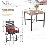 PHI VILLA 5 pcs Outdoor Bar Set, Outdoor Swivel Bar Stool with Red Seat Cushion and Lumbar Support,Extra Large Metal Bar Table with Umbrella Hole for Poolside Garden PHI VILLA