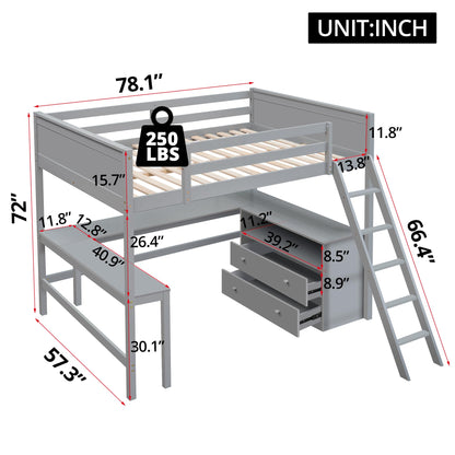 Full Size Loft Bed with L-Shaped Desk, Storage Shelves & Drawers in Grey - Solid Wood Frame with Guardrails & Ladder for Space-Saving Solutions - WoodArtSupply