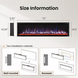 PHI VILLA 72" Electric Fireplace Wall Mounted, Recessed Wall Fireplace Electric with Crystal, Fake Charcoal & Firewood Bed for Indoor, Remote Control, 750W/1500W, Timer, Ultra-Narrow Bezel PHI VILLA