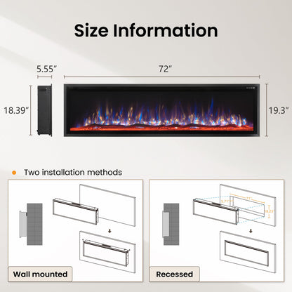 PHI VILLA 72" Electric Fireplace Wall Mounted, Recessed Wall Fireplace Electric with Crystal, Fake Charcoal & Firewood Bed for Indoor, Remote Control, 750W/1500W, Timer, Ultra-Narrow Bezel