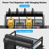 JUNNUJ Power Tool Organizer Floor Stand with Charging Station, Garage Adjustable Storage Rack Utility Tool Shelf with 8 Outlet 10 FT Power Strip, Heavy Duty Drill and Battery Holder JUNNUJ