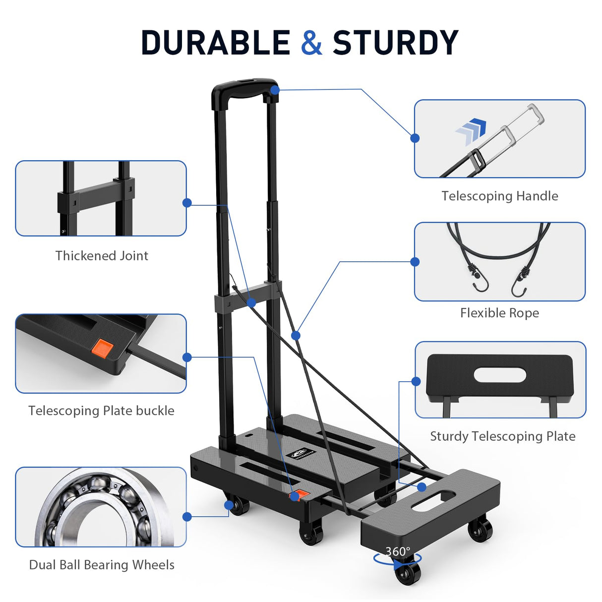 SPACEKEEPER Folding Hand Truck, 500 LB Heavy Duty Luggage Cart, Utility Dolly Platform Cart with 6 Wheels & 2 Elastic Ropes for Luggage, Travel, Moving, Shopping, Office Use, Black SPACEKEEPER