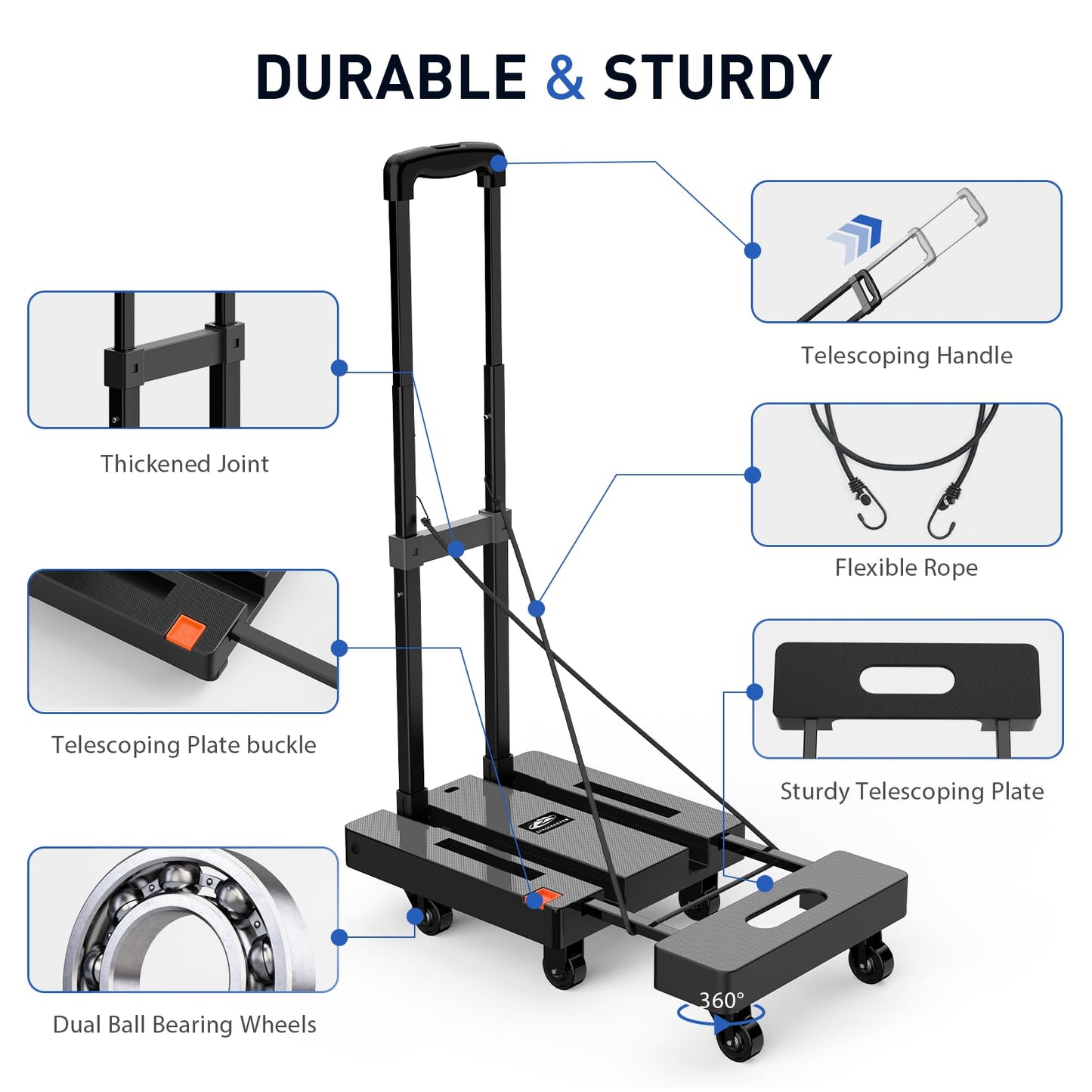 SPACEKEEPER Folding Hand Truck, 500 LB Heavy Duty Luggage Cart, Utility Dolly Platform Cart with 6 Wheels & 2 Elastic Ropes for Luggage, Travel, Moving, Shopping, Office Use, Black - WoodArtSupply