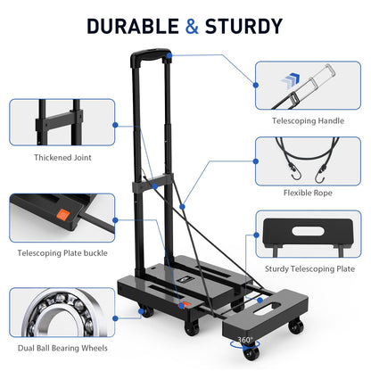 SPACEKEEPER Folding Hand Truck, 500 LB Heavy Duty Luggage Cart, Utility Dolly Platform Cart with 6 Wheels & 2 Elastic Ropes for Luggage, Travel, Moving, Shopping, Office Use, Black - WoodArtSupply