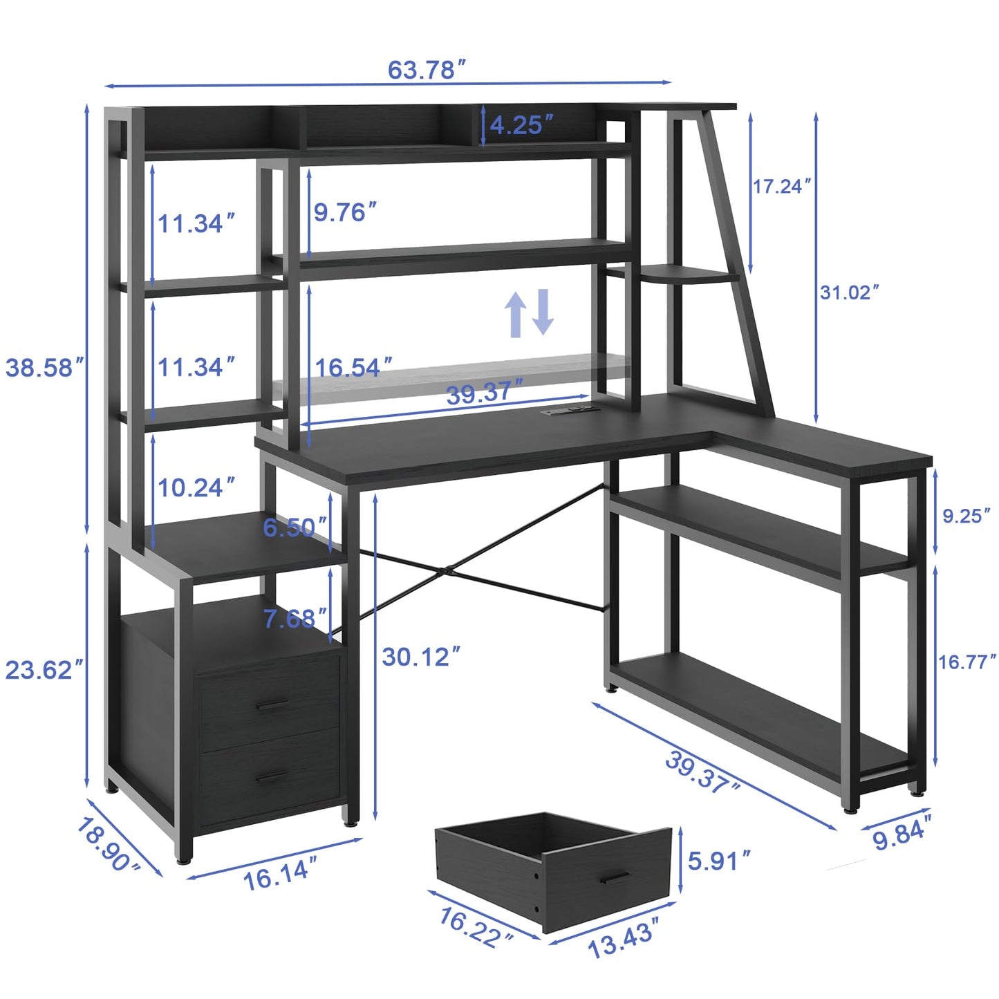 64" L Shaped Computer Desk with LED Lights and Power Outlets, L Shaped Gaming Desk with 2 Drawers Hutch Monitor Stand, Home Office Desk with USB Port