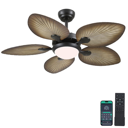 Wiviniya Tropical Ceiling Fans with Lights, 44 Inch Indoor Outdoor Palm Leaf Ceiling Fan for Patios Porch Bedroom, Remote/APP Control, Dimmable, 6 Speeds, Reversible, Wood Grain