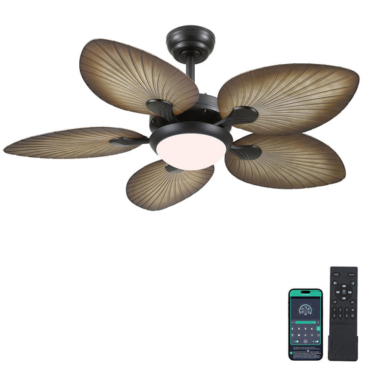 Wiviniya Tropical Ceiling Fans with Lights, 44 Inch Indoor Outdoor Palm Leaf Ceiling Fan for Patios Porch Bedroom, Remote/APP Control, Dimmable, 6 Speeds, Reversible, Wood Grain