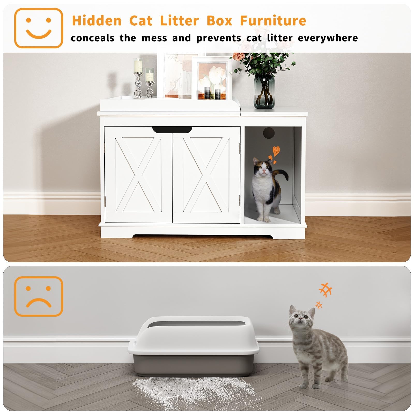 PUPETPO Flip Top Cat Litter Boxes Enclosure Covered Litter Box Hidden Furniture Wooden Cat Washroom Cabinet for Kitty, Medium and Large Cat White - WoodArtSupply