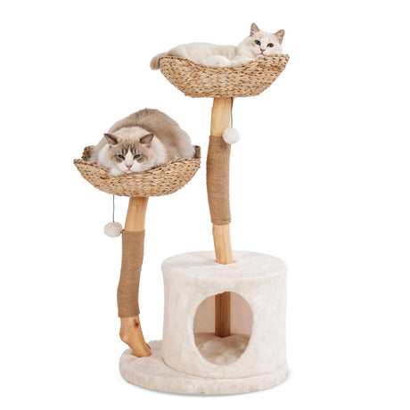 KONELCARE Natural Wood Cat Tree- Modern Cat Tower for Large Cat, 2 Baskets KONELCARE