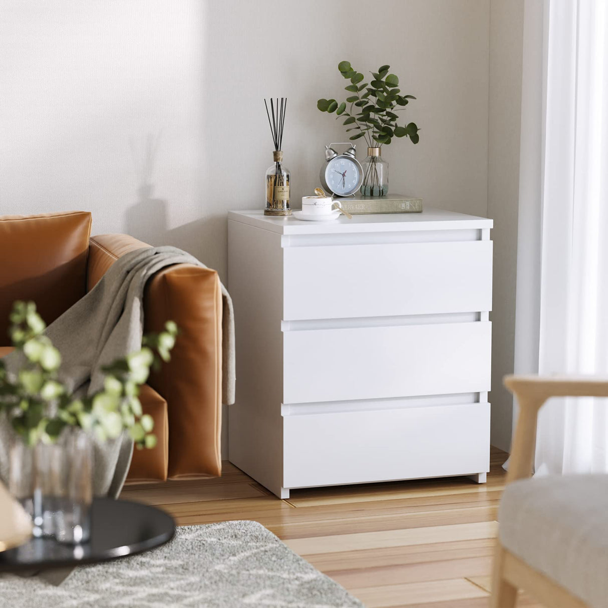 FOTOSOK Nightstand Set of 2 White Nightstand with 3 Drawers, White Bedside Table Night Stand for Bedroom with Cut-Out Handle, Sofa Side Table 3 Drawer Nightstand for Bedroom, 17.7W*15D*21.7H FOTOSOK