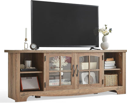 LINSY HOME Farmhouse TV Stand for 65 Inch TV, Wood Entertainment Center with Glass Door Storage Cabinet & Adjustable Shelves, Large Sturdy TV Console Table for Living Room Bedroom