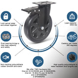 6 Inch Caster Wheels 3000lbs,Heavy Duty Casters Set of 4 with Brake, No Noise Polyurethane Swivel Caster Wheels for Cart,Furniture,Workbench(Free Screws & Spanners) Wieyunn