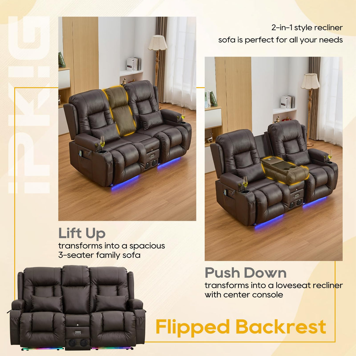 IPKIG 67" Power Reclining Loveseat Sofa, Electric Home Theater Seating with Console/4 Colors Ambient Lighting/Bluetooth Speakers/USB Ports/Built-in Outlets (Brown, Loveseat Recliner) IPKIG