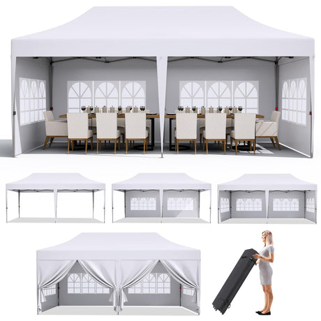 MAMIZO 10x20ft Pop up Canopy Tent w/6 Sidewalls, Heavy Duty Wedding Party Tent, Height Adjustable Large Commercial Gazebo, Instant Sun Protection Shelter W/Upgraded 3 Raised Roofs, Wheeled Bag (White) MAMIZO