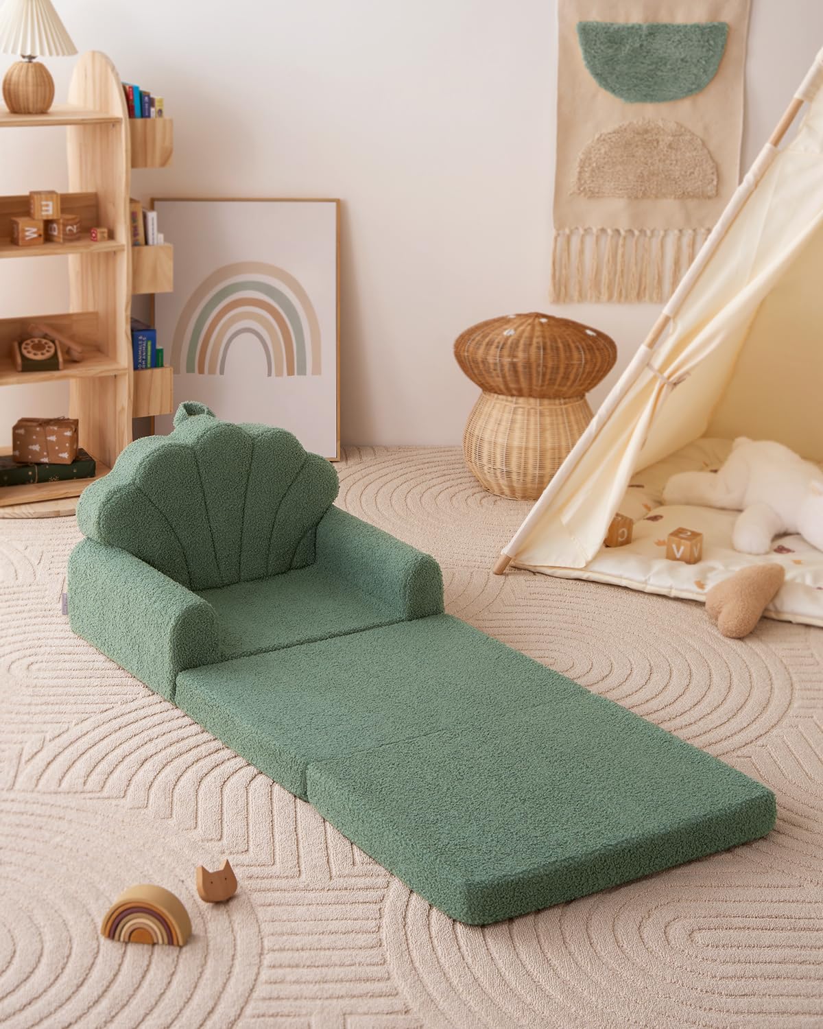 Blissful Diary Kids Couch, 2-in-1 Soft Toddler Couch Fold Out, Toddler Chair Comfy, Convertible Sofa to Lounger with Cute Shell Designs, Green Blissful Diary