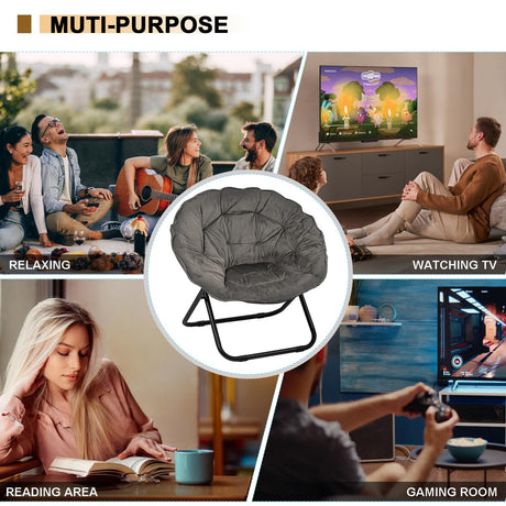 Folding Saucer Chair, Lazy Moon Chair with Metal Frame, Comfy Bedroom Chairs for Bedroom, Living Room, Study Grey JC Grezone