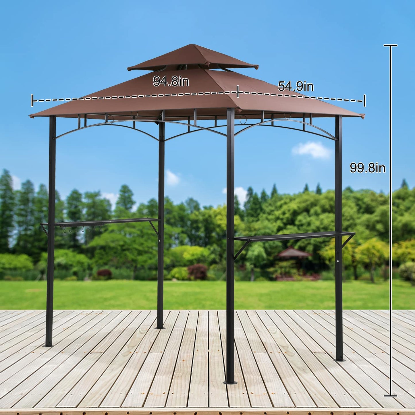 8' X 5' Outdoor Grill Gazebo BBQ Canopy Tent with Two Shelfs and Hook, Steel Frame Party Gazebo Pergola for Garden Deck Backyard Lawn Poolside Porch Balcony Camping, Brown - WoodArtSupply