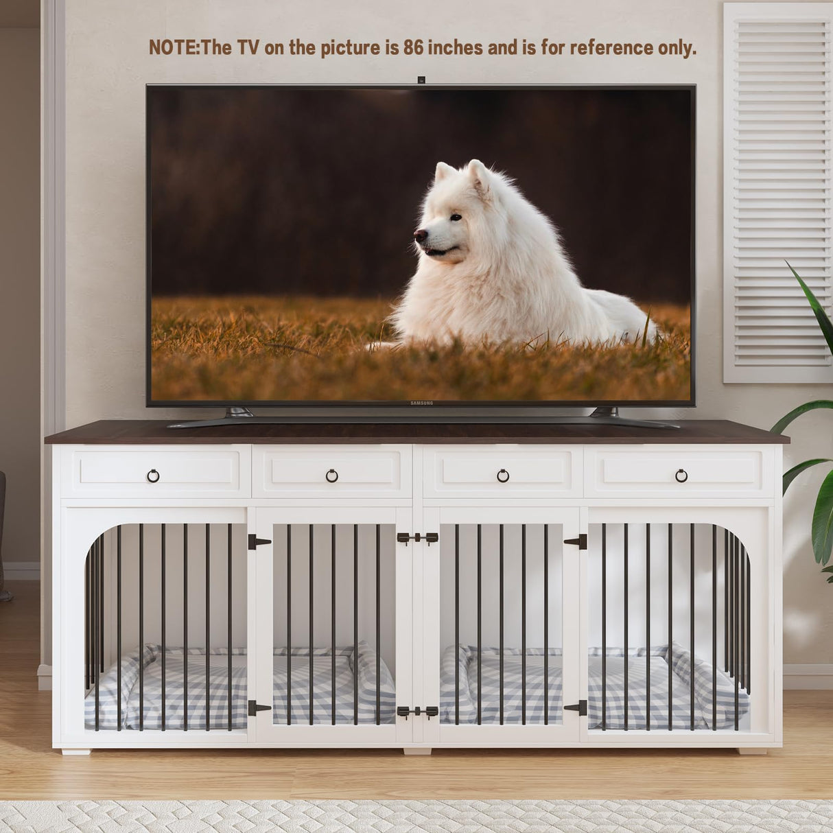 86.6" Extra Large Dog Crate Furniture for Large Breeds,XXXL Wooden Double Dog Crates Kennel Cage Furniture Style TV Stand Side End Table for 2 Dogs with Divider Locks and 4 Drawers,White Pitmoto