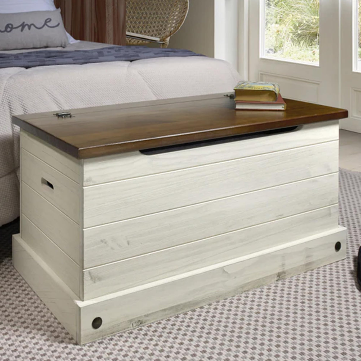 Furniture Dash Wooden Storage Trunk Corona, Wooden Entryway Storage Bench, Ideal for Living Room, Bathroom, Entryway, Office, Kitchen - White Distressed Furniture Dash