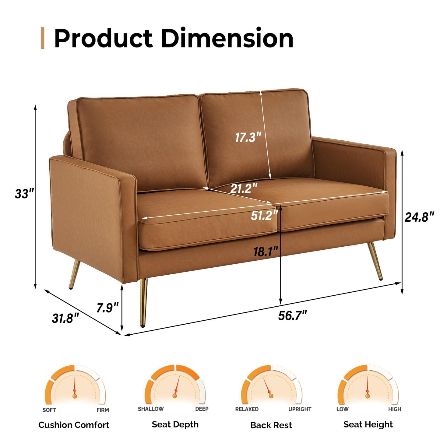 VINGLI 56" Modern PU Leather Loveseat,Small Sofa Couch Deep Seat for Living Room,2-Seater Loveseat Sofa for Bedroom,Apartment,Office,Dorm,Small Space,Cognac