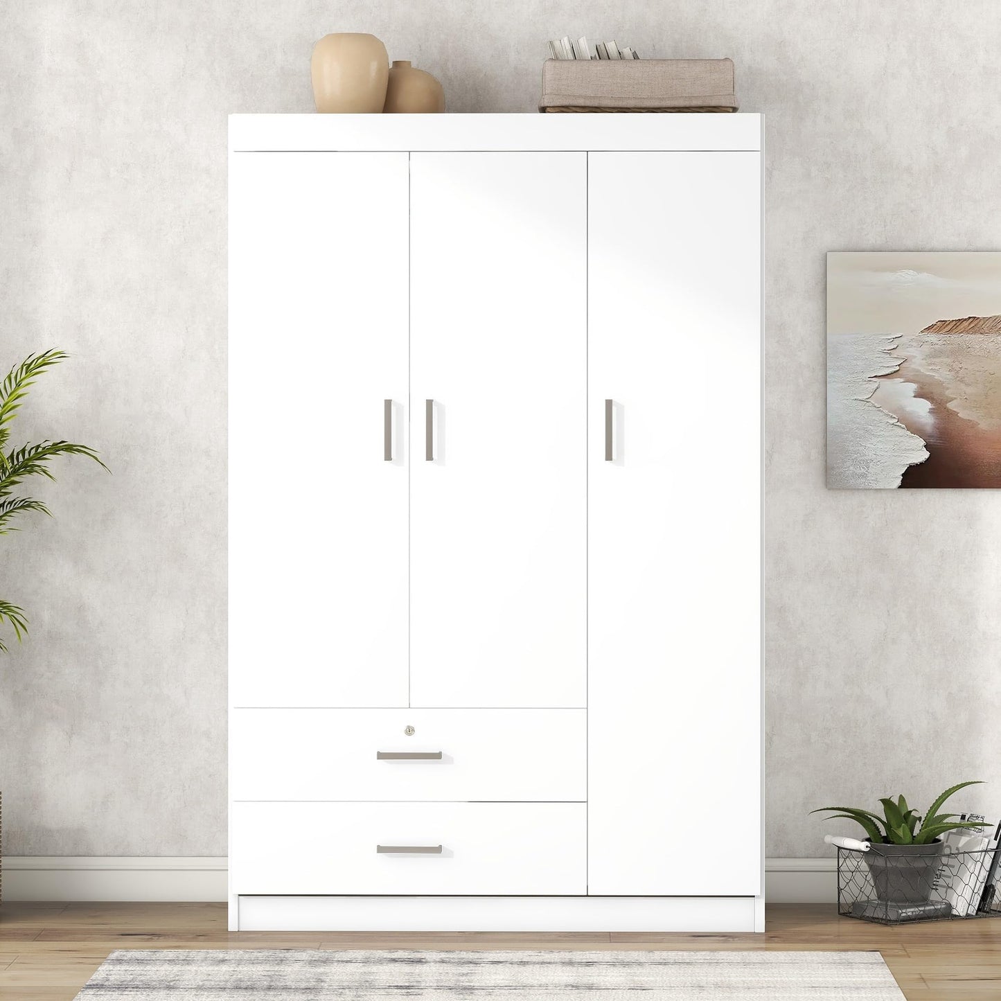 Brabrety Modern 3-Door Wardrobe with 2 Drawers and Hanging rod.Silver handles highlight The stylish style. (White#D) - WoodArtSupply