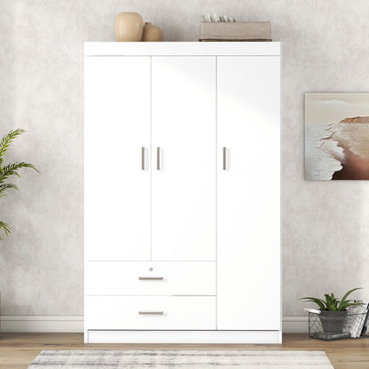 Brabrety Modern 3-Door Wardrobe with 2 Drawers and Hanging rod.Silver handles highlight The stylish style. (White#D) - WoodArtSupply